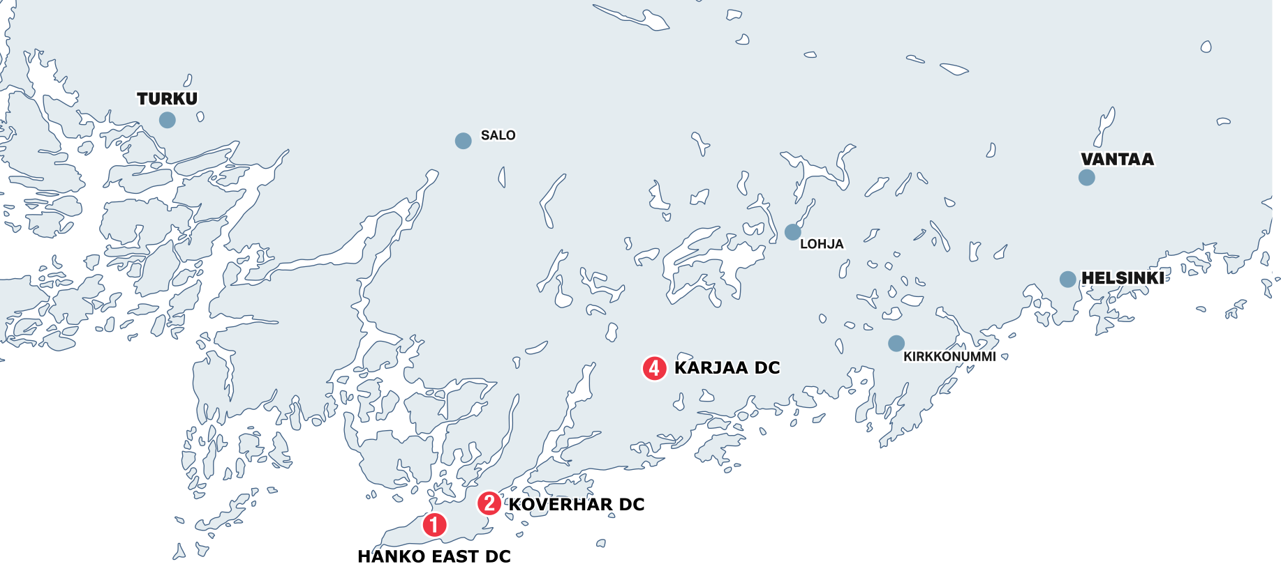 Map showing Hanko, Koverhar and Karjaa